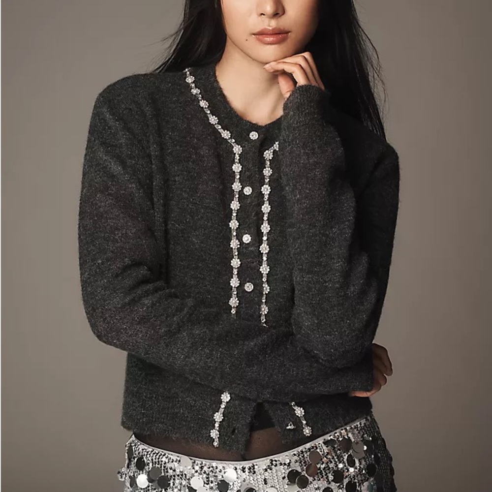 Maeve Dark Charcoal Gray Embellished Cardigan Sweater